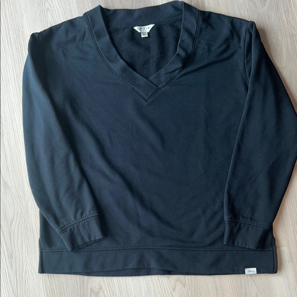 Orvis Men's Black V-Neck Fleece Sweater M Super Soft Casual Golf Preppy